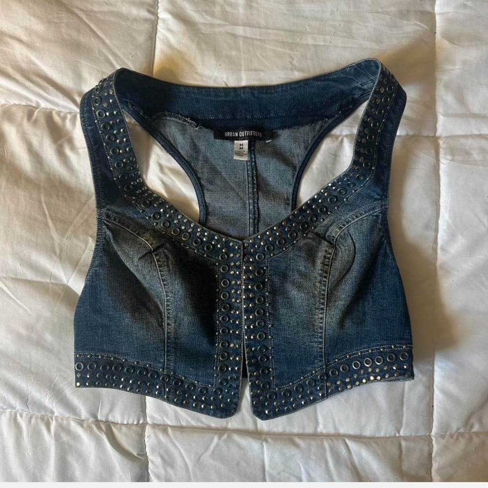 Urban Outfitters Dark Blue Denim Studded Racerback Crop Top
